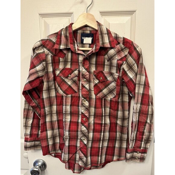 Wrangler Boys L Shirt‎ Pearl Snap Red Brown Plaid Western Cowboy Stitched Pocket - Picture 2 of 10